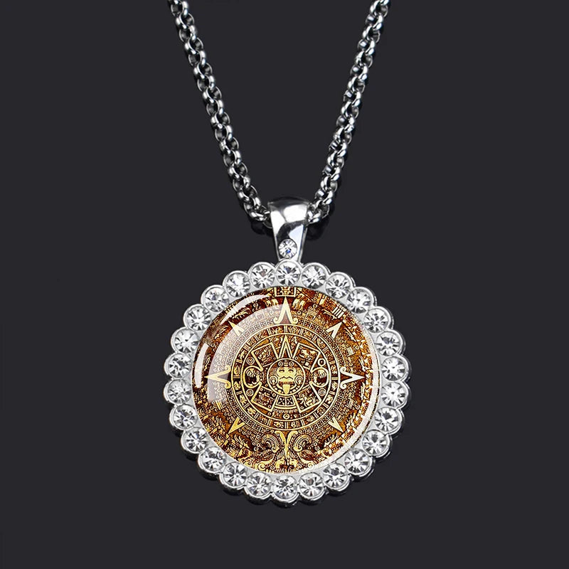 Aztec Calendar Pendant Necklace — Ancient Mexico Art, Rhinestone