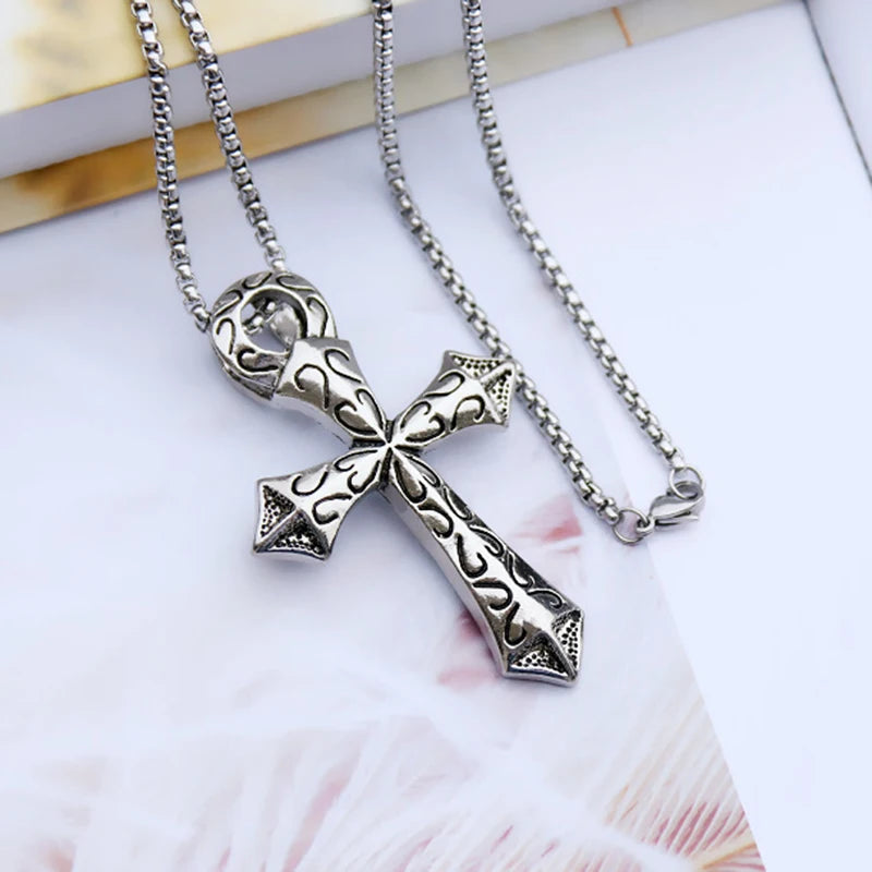 Silver Cross Pendant Necklace Vintage Figure