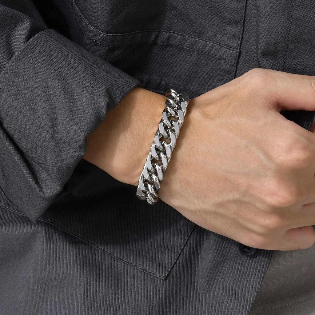 Men's Chunky 8/10/12/15MM Stainless Steel Cuban Chain Bracelets,Never Fade Silver Color Metal Hip Hop Male Wristband Pulseira