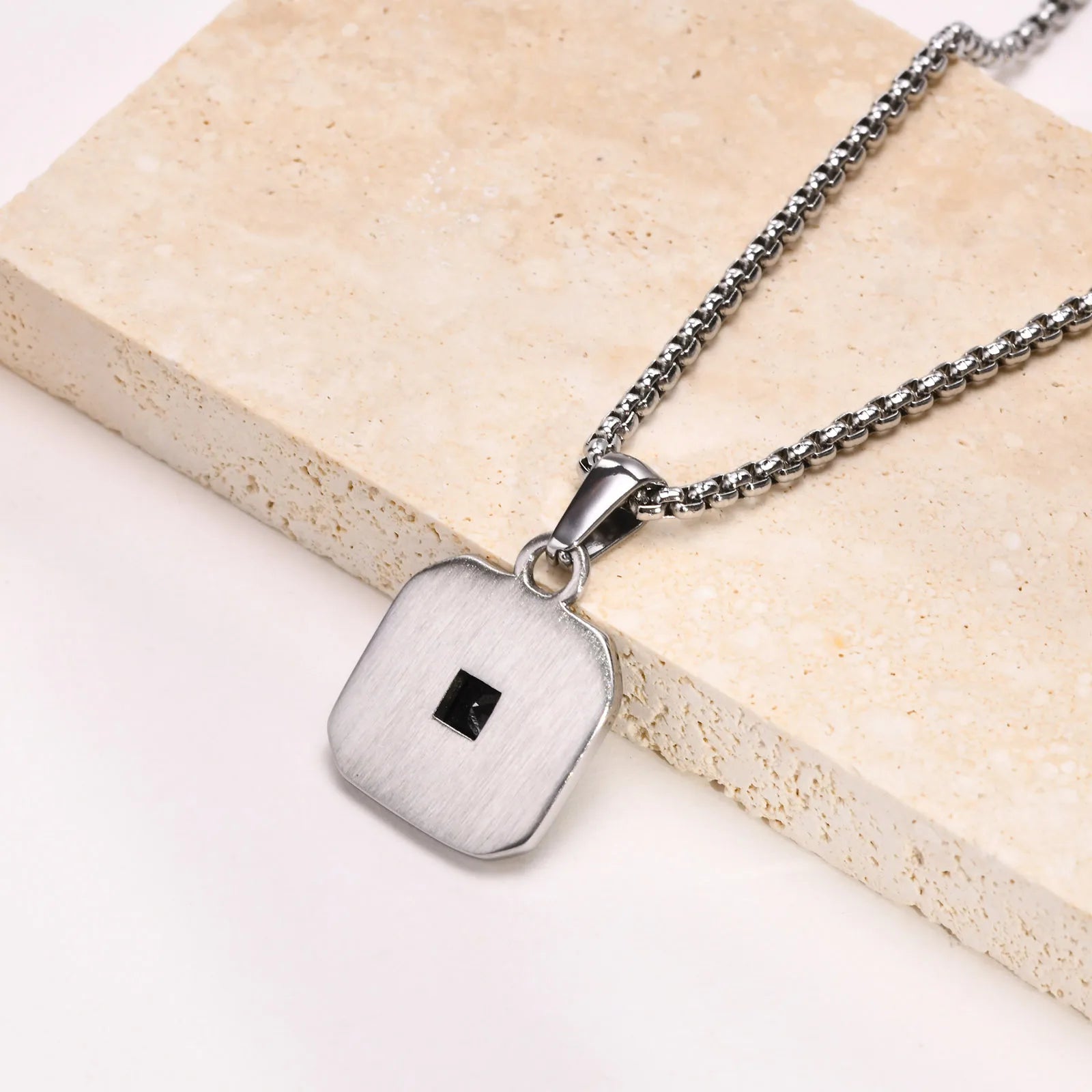 Men's Pendant Necklace,Black Square Zircon Embossing Radiation Sunburst Pendant Collars,Stylish Stainless Steel Jewelry Gifts