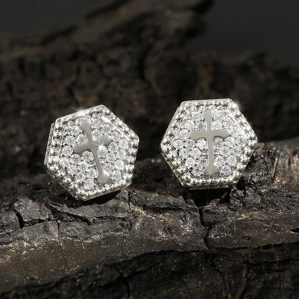 Iced Out Square Stud Earrings for Men — Gold-Tone Piercing Studs