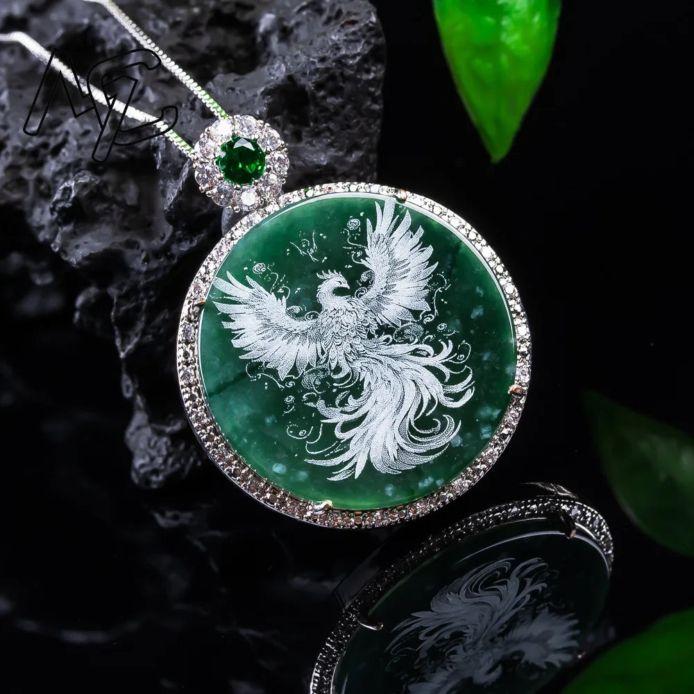 S925 Silver New Natural Real Emerald Stone-shadow Carving Phoenix Pendant Jadeite Necklace Jewelry Charm Designer Luxury Gifts