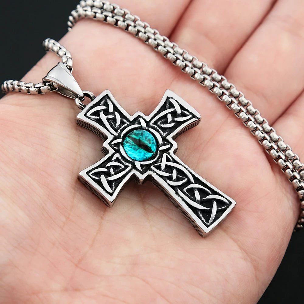 Cross Viking Steel Pendant Blue Eye Stone 316L