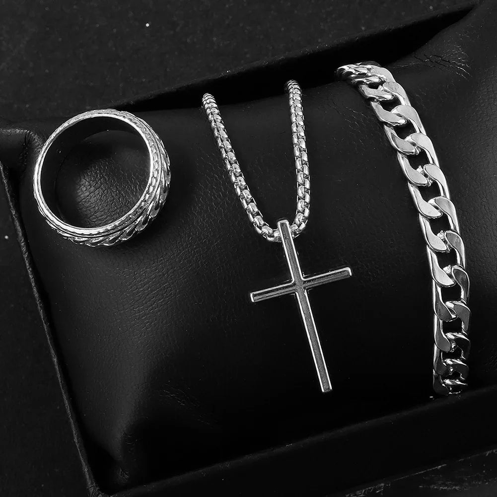 Cross Pendant Necklace Bracelet Ring 3pcs Set — Stainless Steel