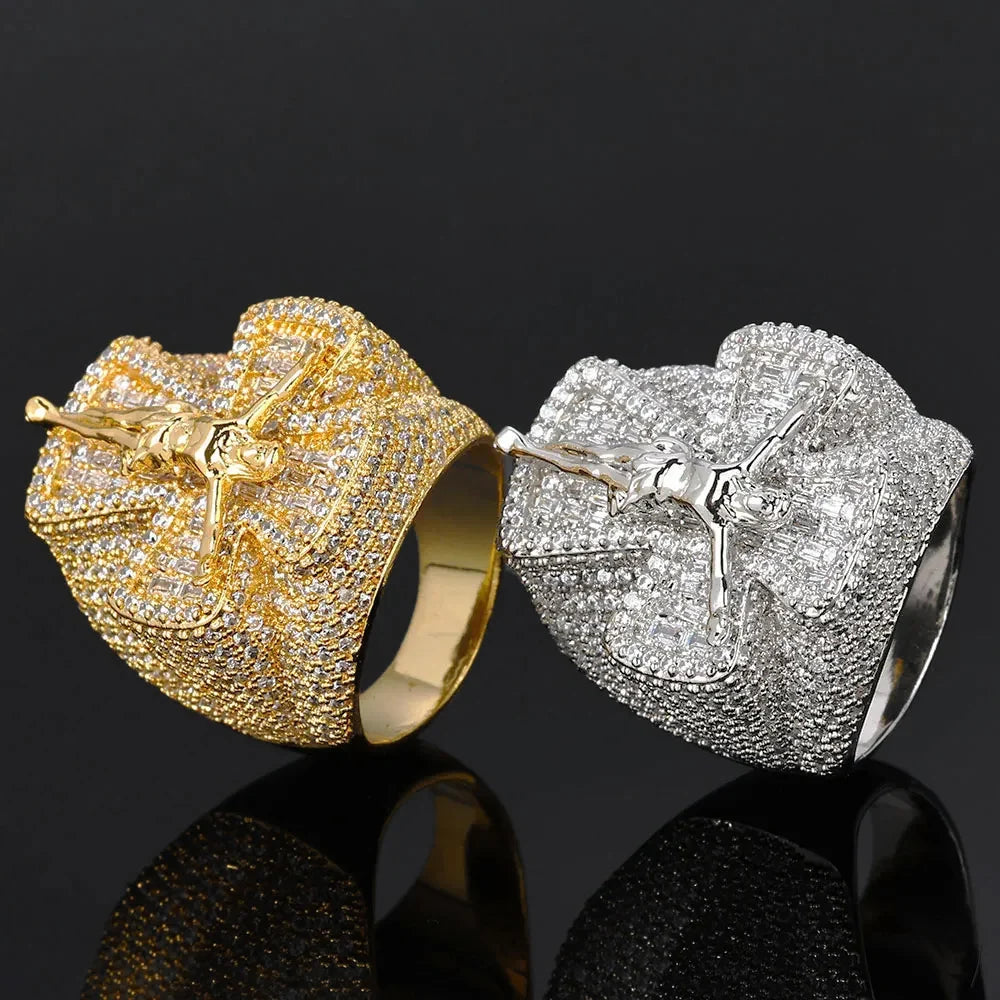 Iced Out Cross Jesus Ring Stainless Steel CZ