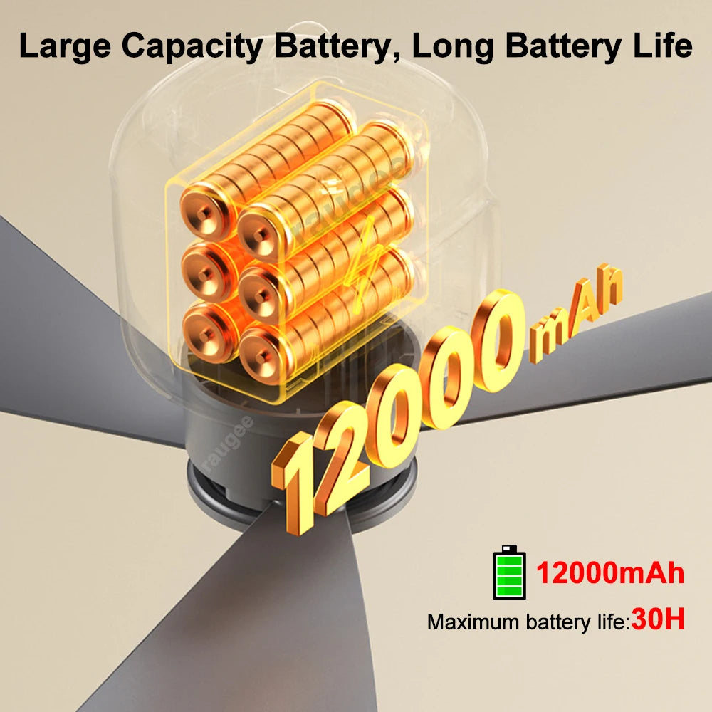 12000mAh Ceiling Fans Portable Camping Fan Tent Air Circulator Cooler Outdoor Rechargeable Electric Fan LED Light