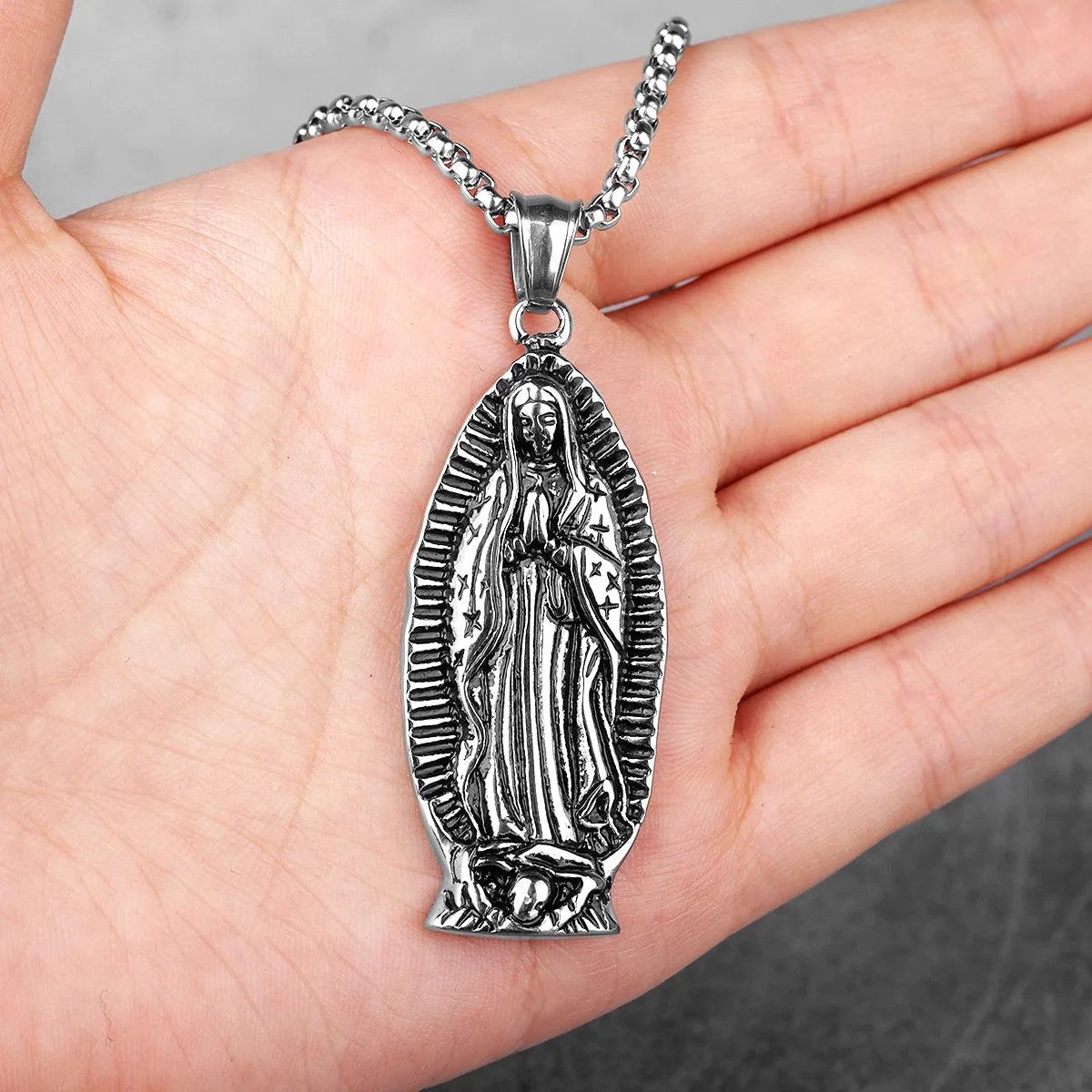 Virgin Mary Prayer Long Men Necklaces Pendants Chain Punk for Boyfriend Male Stainless Steel Jewelry Creativity Gift