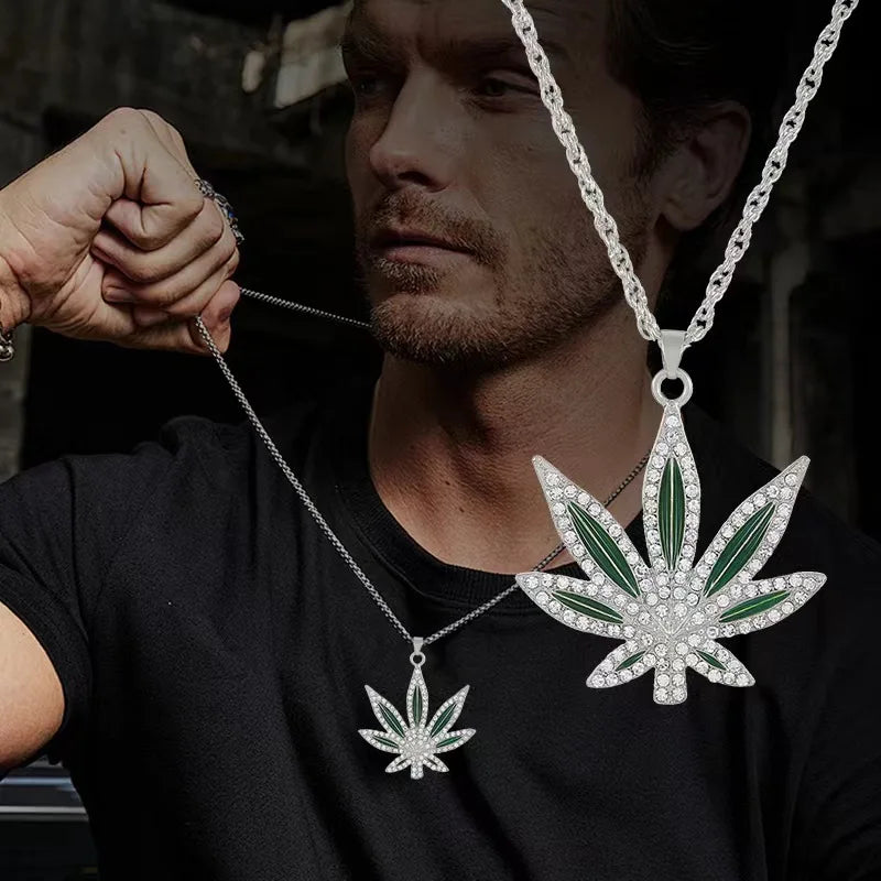 FTCY Rhinestone Maple Leaf Pendant Necklace For Men Women Personalized Punk Hip-hop Gold Color Necklace Jewelry Gift