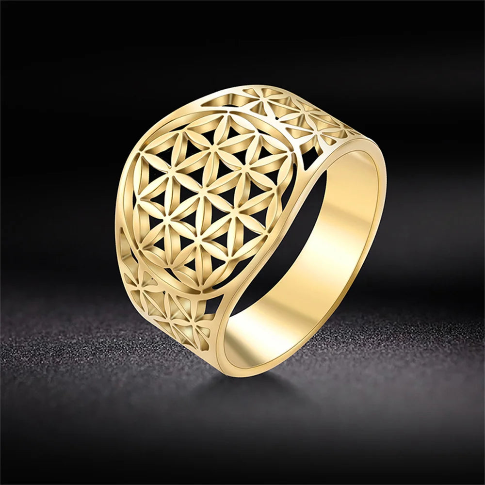 Flower of Life Hollow Geometric Filigree Ring — Stainless Steel