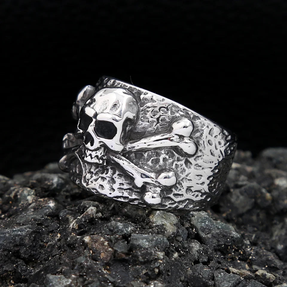Punk Vintage Stainless Steel Crossbones Pirate Skull Ring For Men Boys Biker Hip Hop High Quality Fashion Jewelry Gift