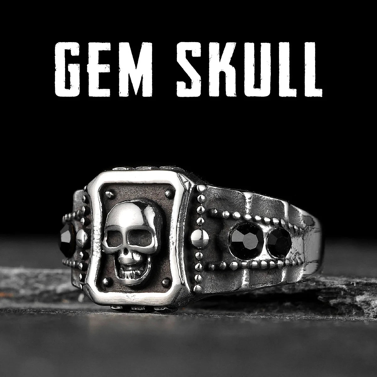 Skull Ring Black Gemstone — Stainless Steel