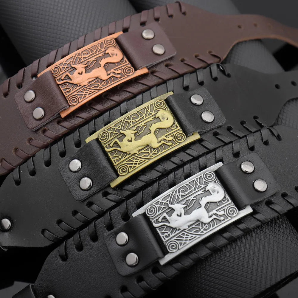 Nordic Viking Symbol Fox Pattern Bracelet Men's New Fashion Metal Leather Woven Jewelry Animal Accessories Party Gift