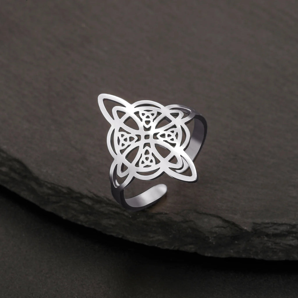 YILUOCD Witchcraft Stainless Steel Open Ring Supernatural Witch Knot Rings For Women Wiccan Cross Protection Amulet