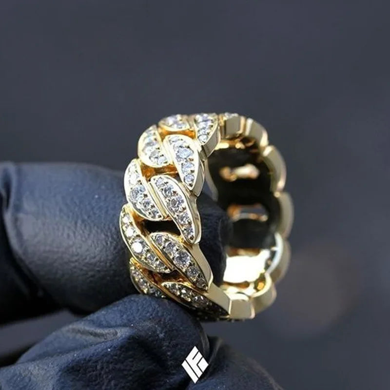 Milangirl Fashion Hip Hop Rock Rings Bling Iced Out Cuban Link Chain Micro Pave CZ Crystal Ring For Women And Man