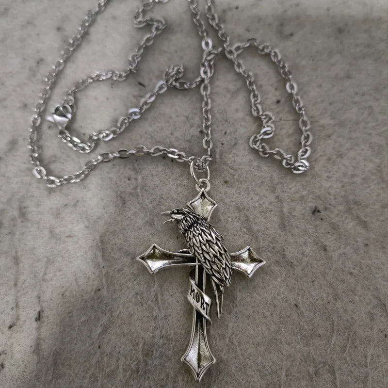 Gothic Crow Cross 925 Silver Pendant Necklace