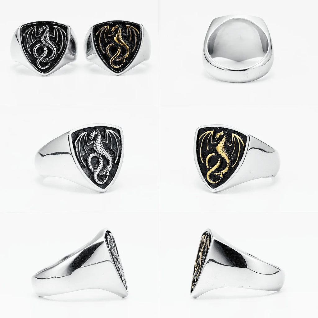 Dragon Shield Ring 316L Stainless Steel Men Rings Rock Punk Norse Myth for Biker Male Boyfriend Jewelry Best Creative
