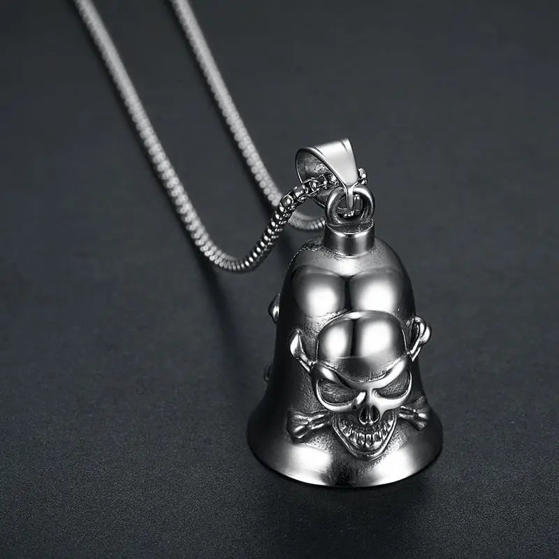 Pirate Skull Moto Bell Pendant Necklace — Gothic Motorcycle Rider