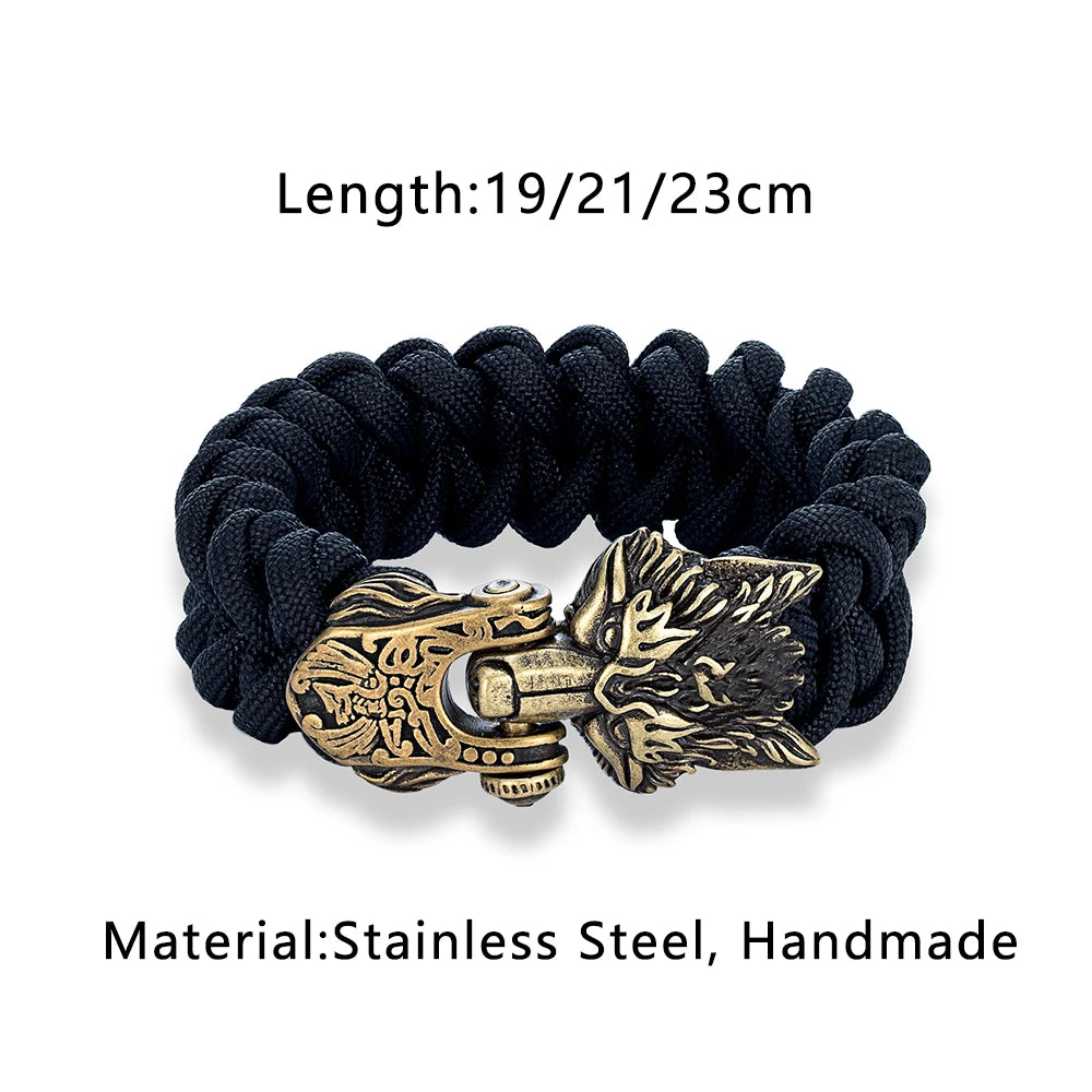 Viking Wolf Paracord Bracelet — Norse Runes, Steel Clasp
