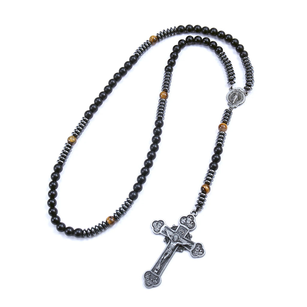 Trendy 8mm Black Round Beads Tiger-eye Stone Saint Benedict Cross Pendant Necklace for Men