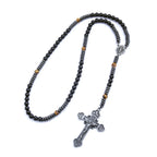 Trendy 8mm Black Round Beads Tiger-eye Stone Saint Benedict Cross Pendant Necklace for Men