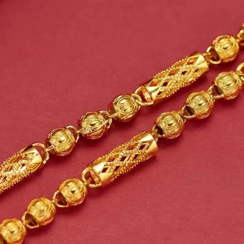 9999 24K real gold hollow men's necklace M-shaped buckle men's chain boutique open cylindrical necklace lantern beads