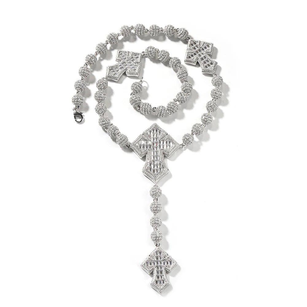 Uwin Bead Chain With 4 Corss Full Paved Iced Out Bling New In Cubic Zirconia HipHop Jewelry