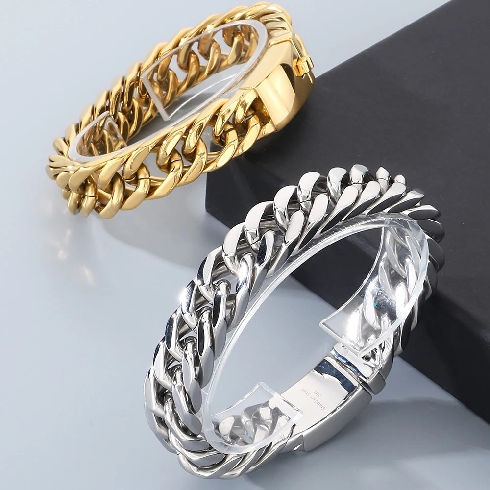 12/15MM Width Cuban Link Chain Bracelet For Man Waterproof Black/Gold Color Stainless Steel Bracelets Valentines