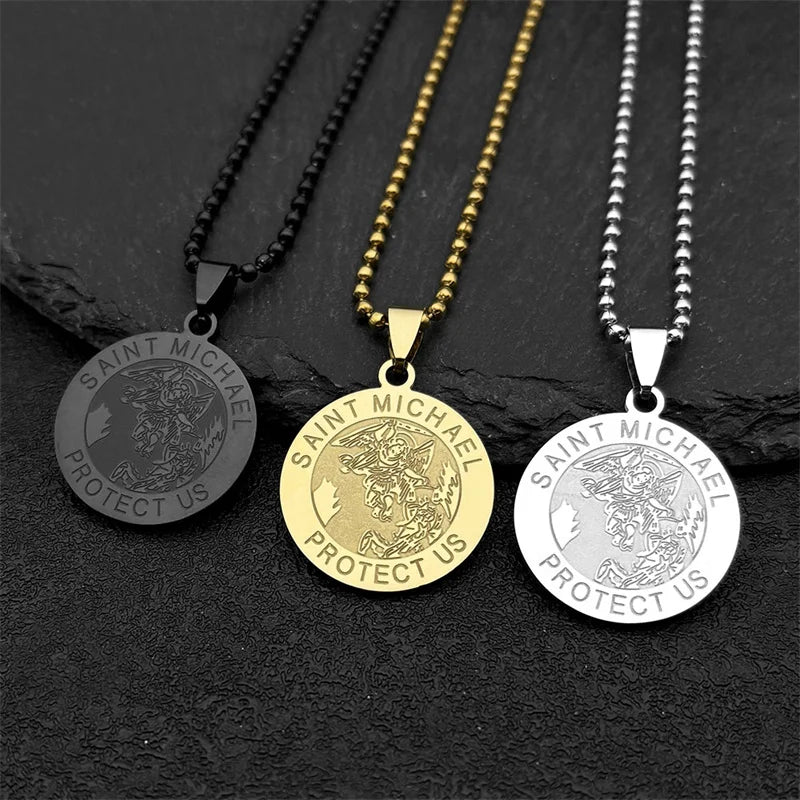 Gold Pendant Saint Michael Protect Archangel Round