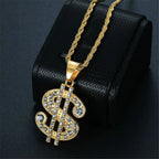 Hip Hop Iced Out Bling Dollar Sign Pendant Gold Color Stainless Steel Rapper Money Necklace For Men Women Hippie Jewelry Gift