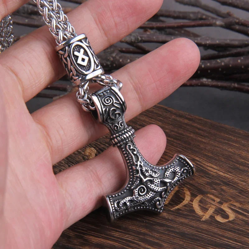 Fashion Valknut Viking Thor's Hammer Pendant Necklace With keel Chain As Men Gift with wooden box