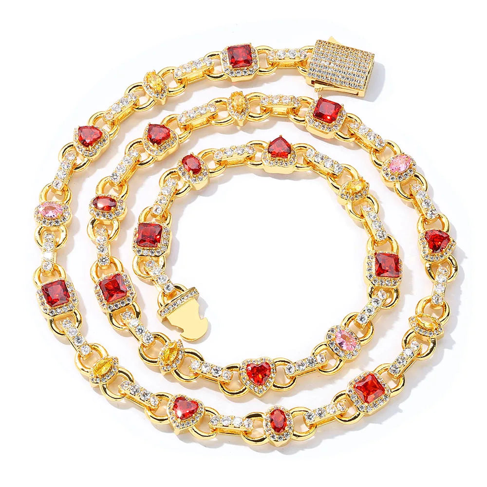 Gold Iced Out Heart Cuban Chain Necklace Colorful