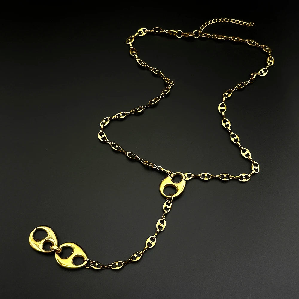 Gold Coffee Bean Chain Necklace New Design Hollow Oval Pendant Stainless Steel Jewelry Minimalist Unisex Streetwear