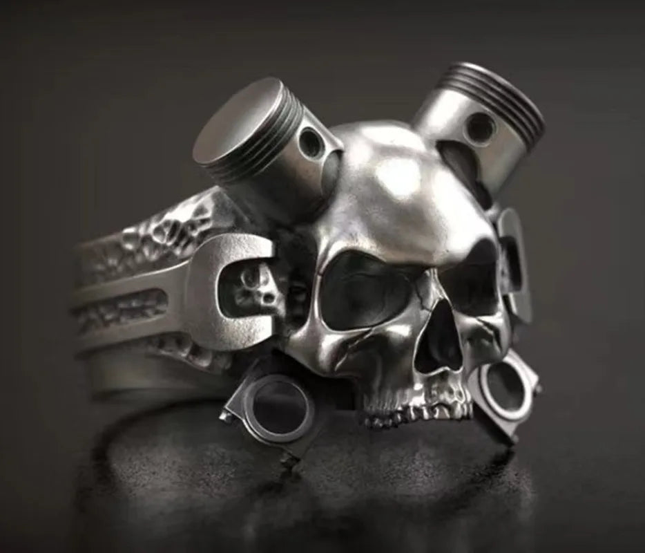 Alloy Mechanical Skull Men's Ring, European and American Popular Punk Style Inlaid Finger Ring