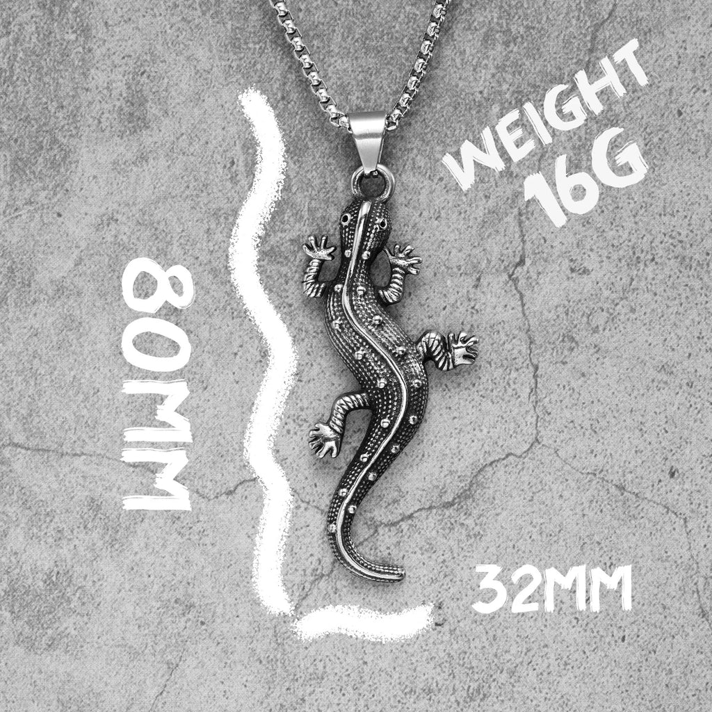 Studded Gecko Pendant Necklace — Stainless Steel