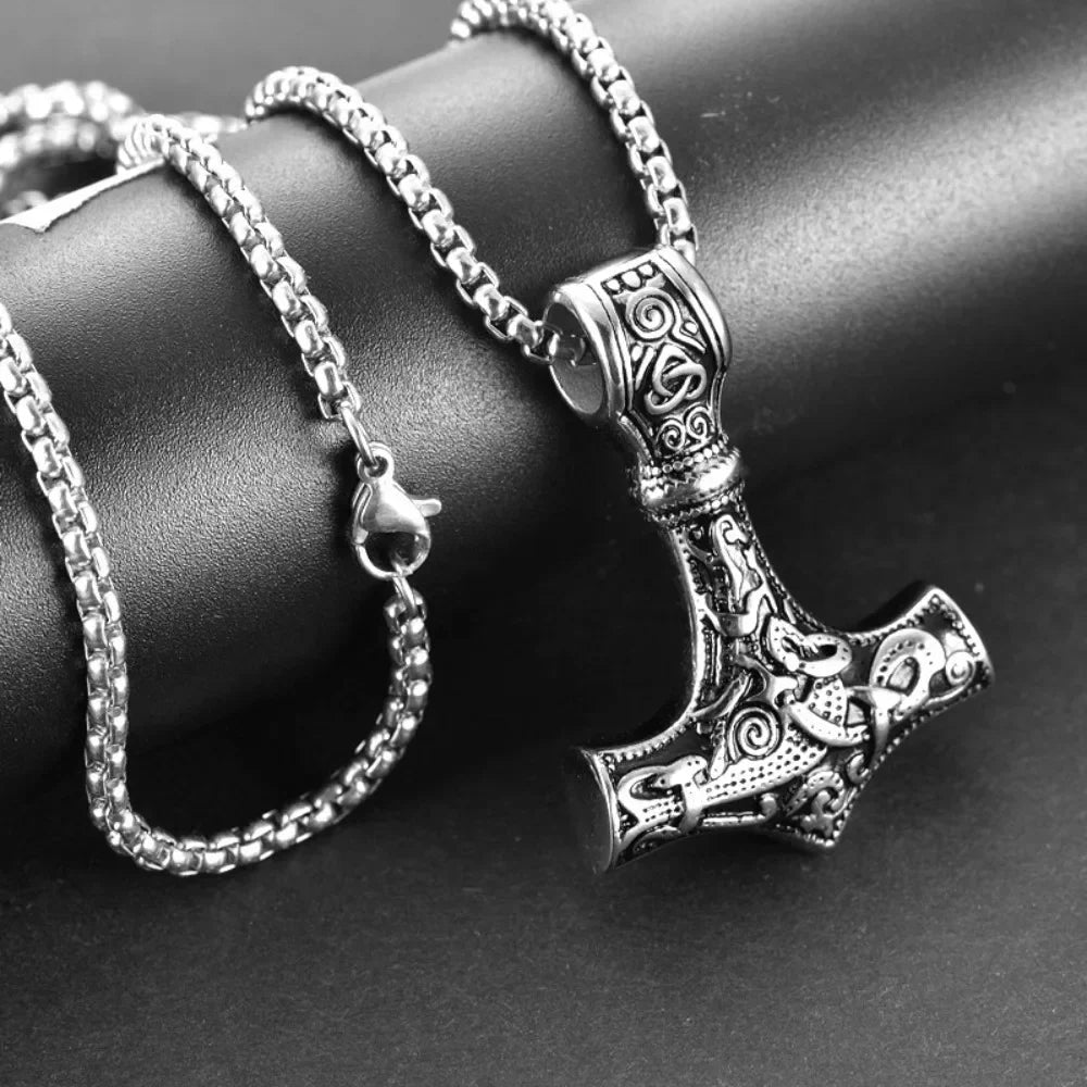 Vintage Odin Viking Hammer Pendant Necklace for Men Stainless Steel Chain Party Jewelry