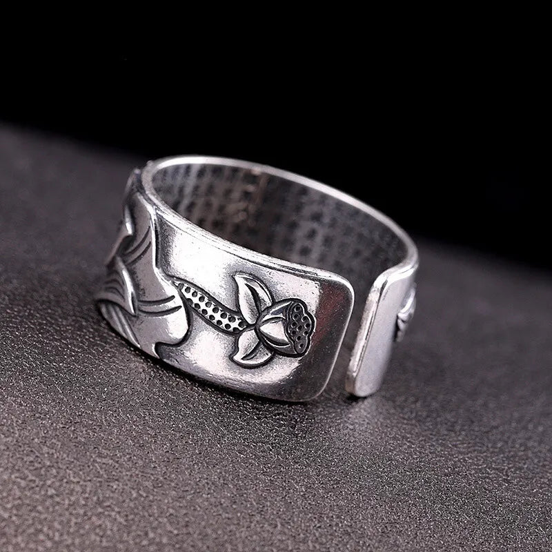 Vintage Tibetan Silver Lotus Rings for Mens Personality Hiphop Jewelry Adjustable