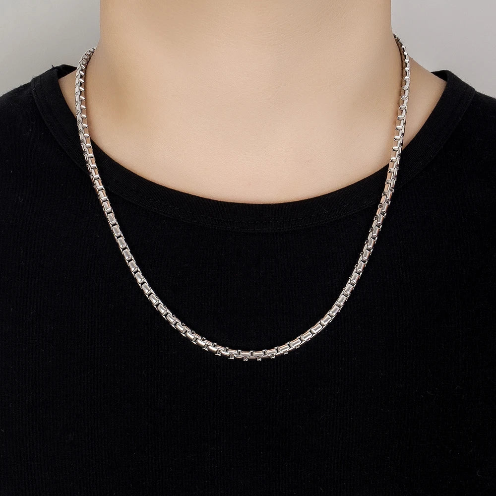 Men's Classic Box Chain Necklace 5mm Long Clasp — Silver-Tone