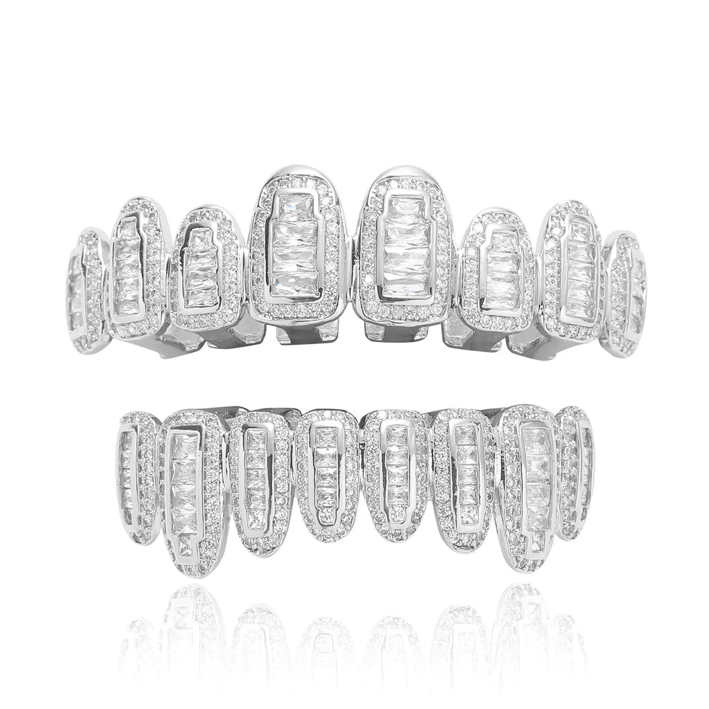 Iced Out Grillz Teeth Set Top & Bottom Hip Hop Pave Baguette CZ Dental Grills Gold Silver Color Party Cosplay Jewelry