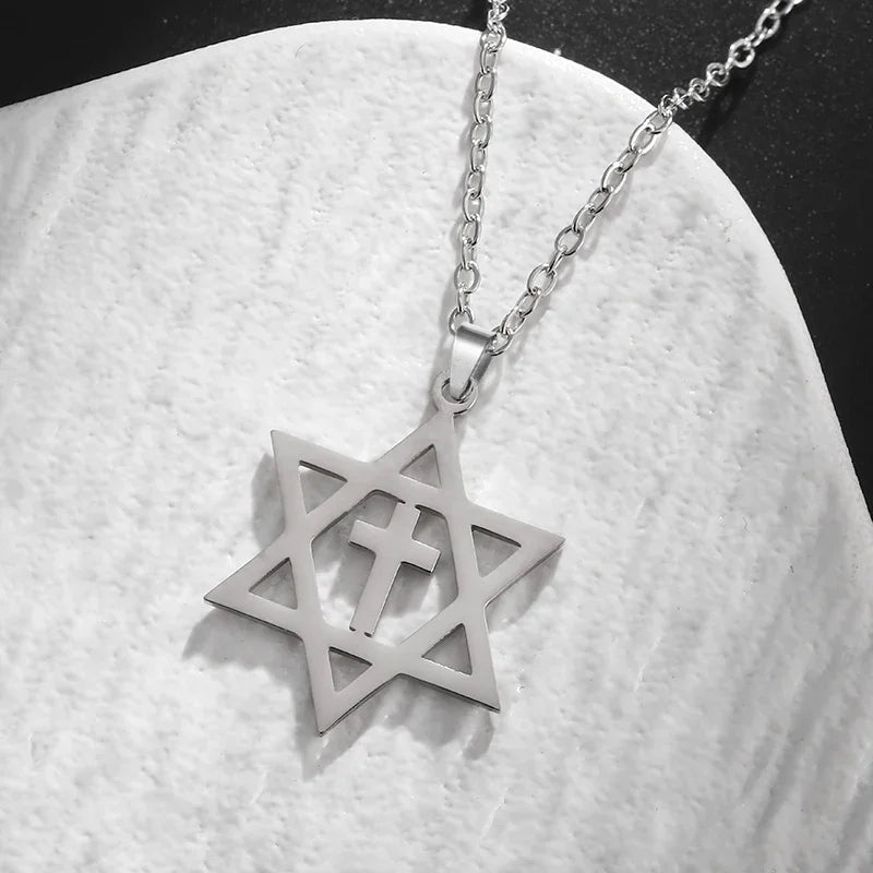 Hamsa Hands of Fatima Hebrew Pendant Stainless Steel Jerusalem Star of David Necklace Women's Jewish Jewelry