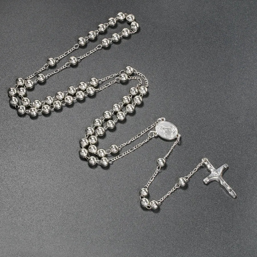 Catholic Rosary Pendant Necklaces For Women 6MM Beads Chain Crucifix Cross Long Necklace Men Religious Praye Jewelry