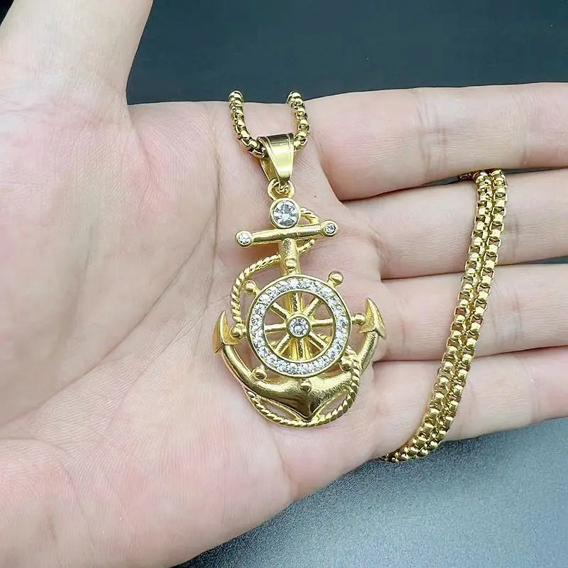 Iced Out Anchor Ship Wheel Pendant Necklace — Stainless Steel
