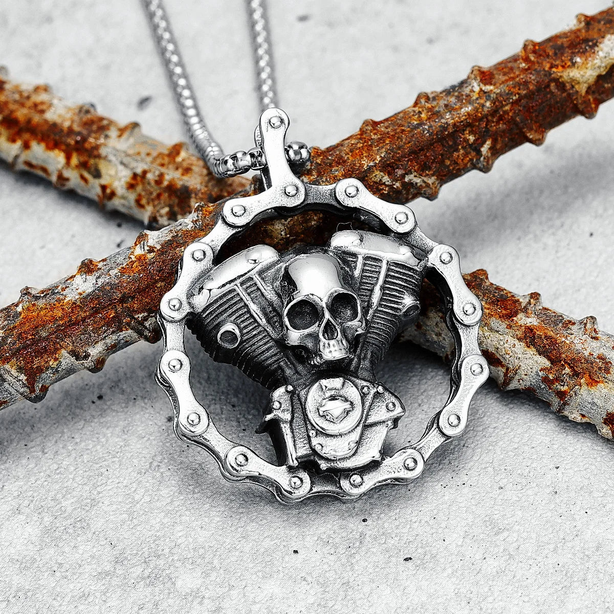 Retro Skull Engine Necklace Chain Machine 316L Stainless Steel Men Skeleton Pendant Rock Punk for Male Biker Rider