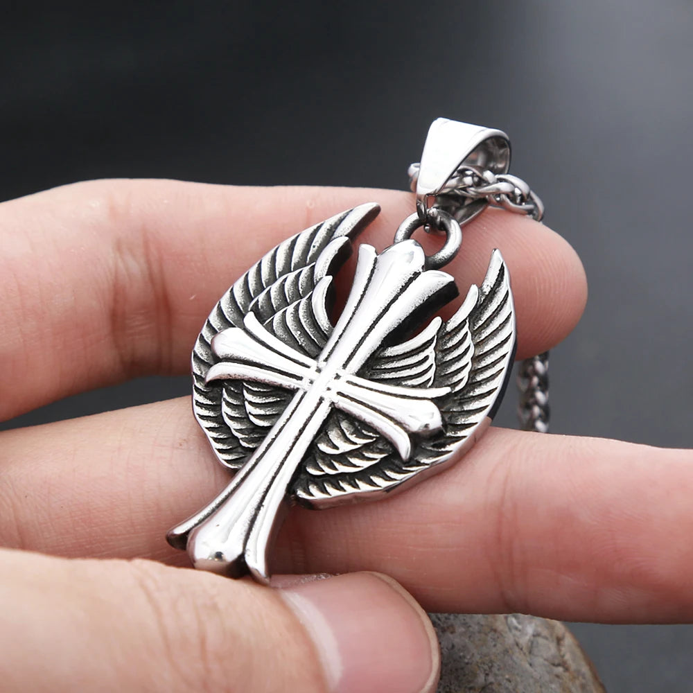 Cross Steel Pendant Vintage Punk Angel Wings Memorial