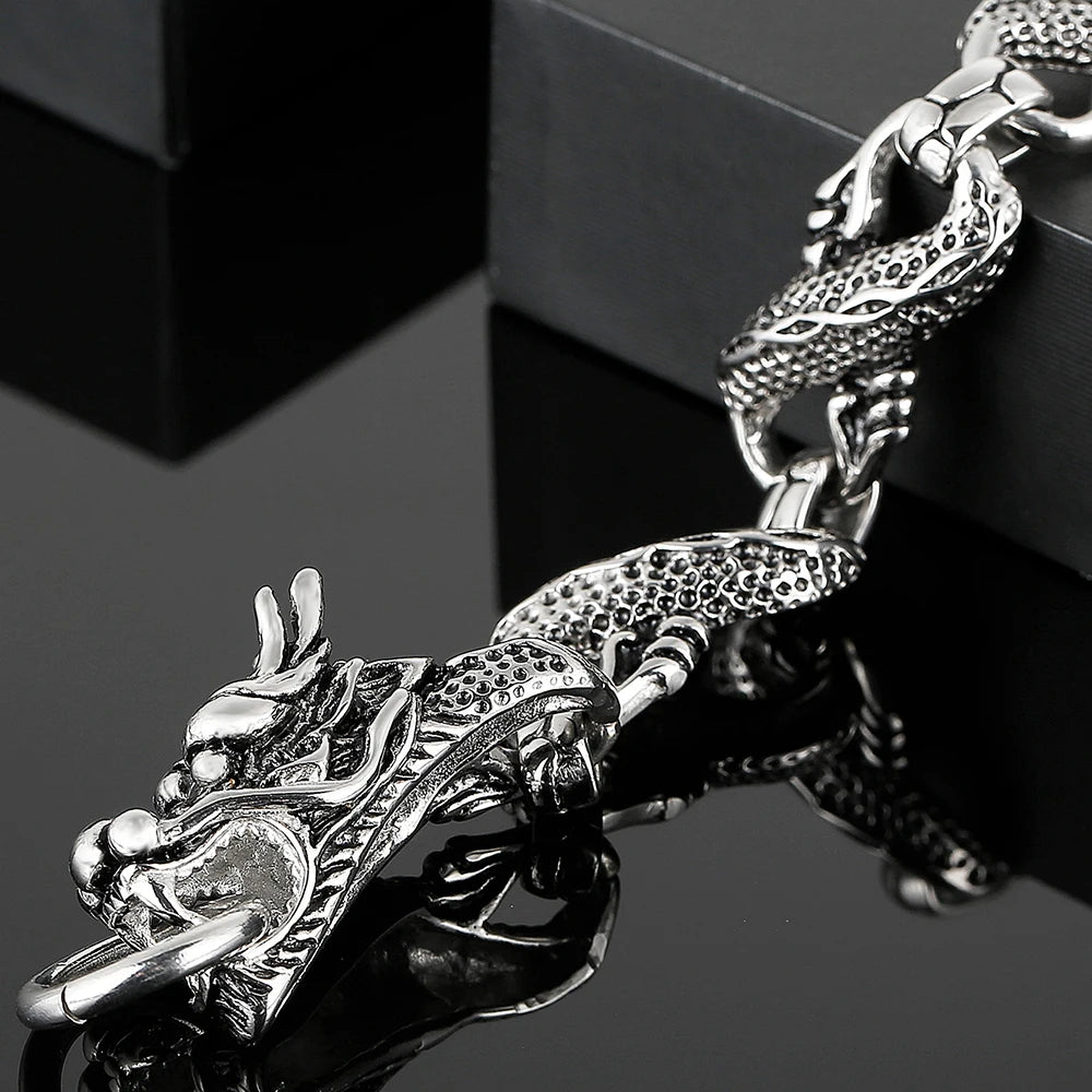 Massive Chinese Dragon Head Cuff Men's Bracelets Vintage Stainless Steel Loong Body Chain Bracelet for Man Gothic