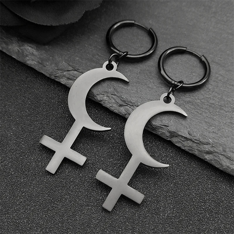 Cross Moon Gold Earrings Crescent Inverted Astrological