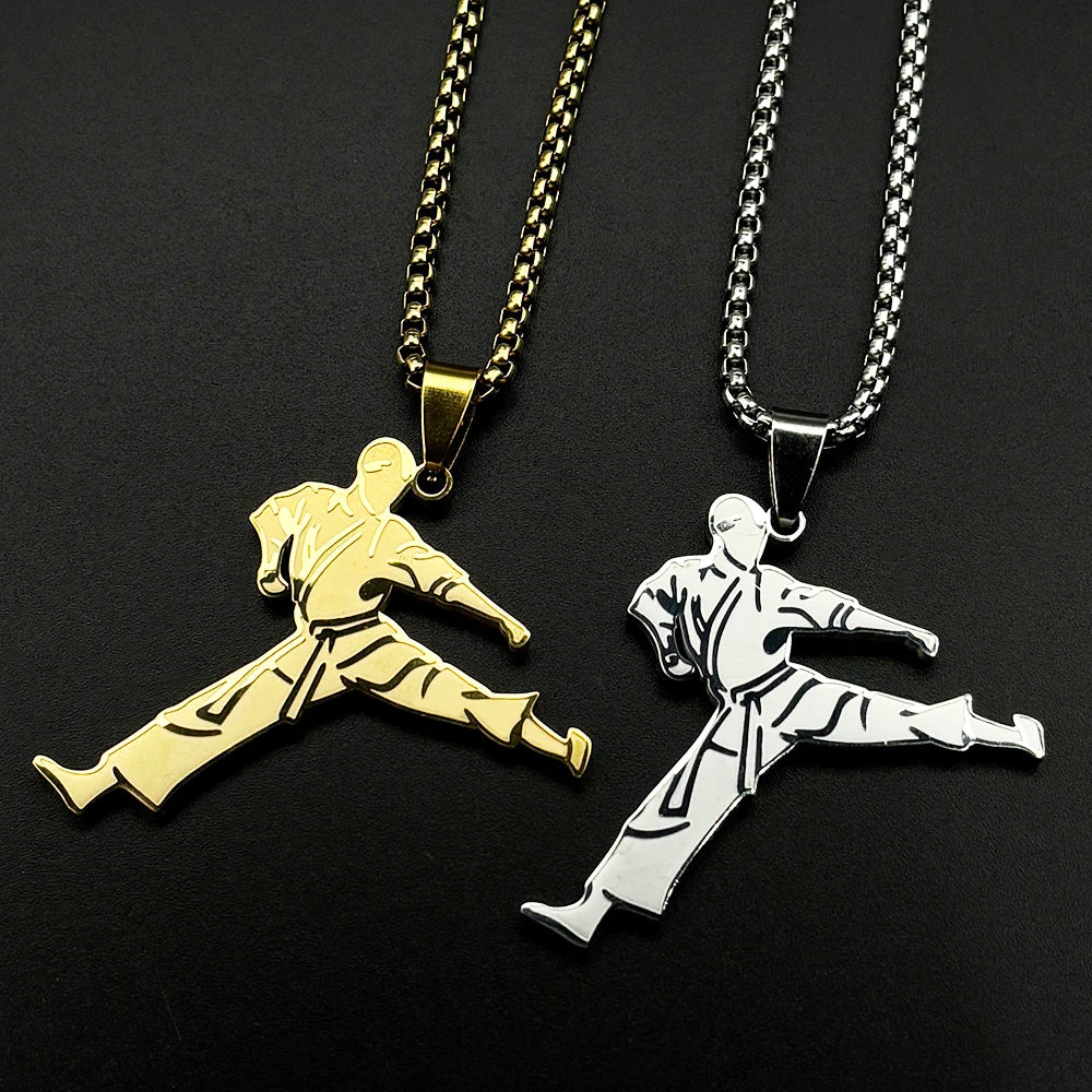 Karate Kick Man Pendant Necklace For Men Stainless Steel Martial Arts Kung Fu Charm Male Chain Jewelry Taekwondo Fighter Gift