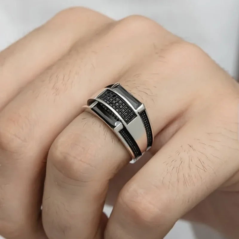 Retro Punk Statement Ring for Men — Silver-Tone, Black