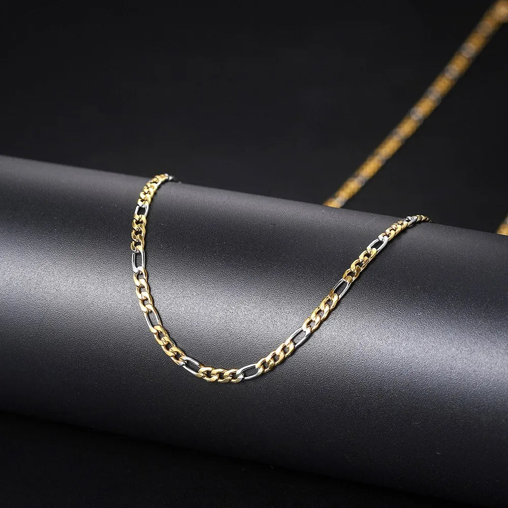 Gold Figaro Cuban Chain Necklace 3MM Stainless Steel