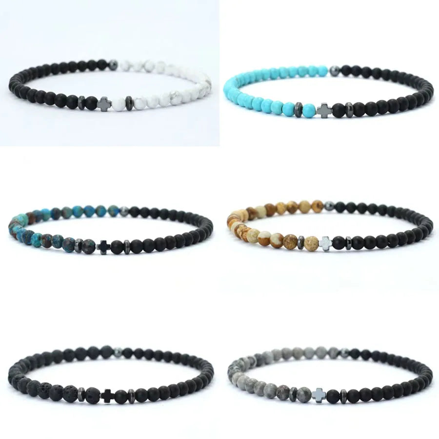 Bicolor Natural Stone 4mm Beaded Bracelet for Men — Elastic