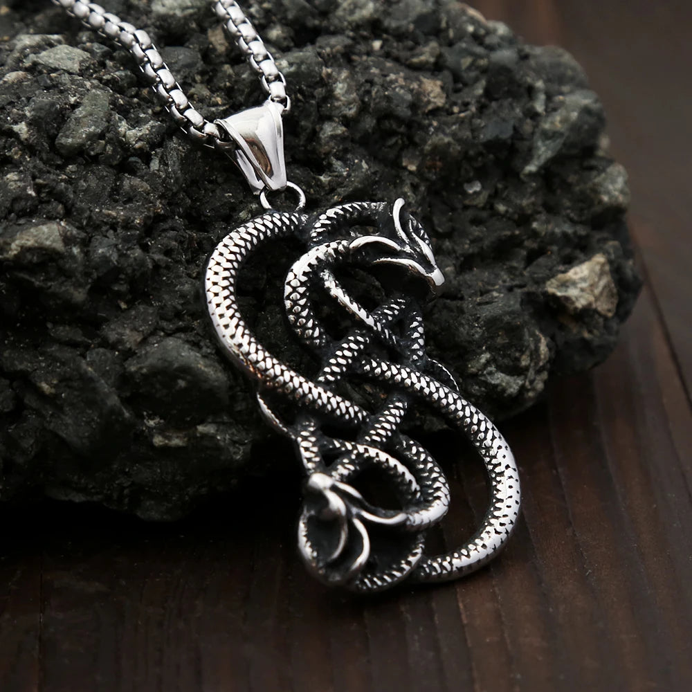 Vintage Norse Loki Double Dragon Gothic Ouroboros Pendant Necklace Stainless Steel Viking Amulet Male Jewlery Gifts